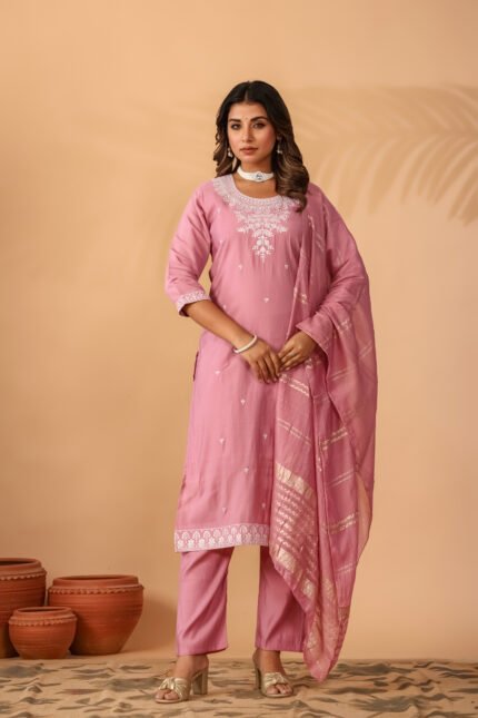 Prayosha Fashion Women's Rose Pink Embroidered Roman Kurta Pant Dupatta Set