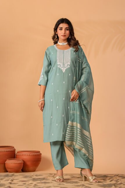 Prayosha Fashion Women's Summer Green Embroidered Roman Kurta Pant Dupatta Set