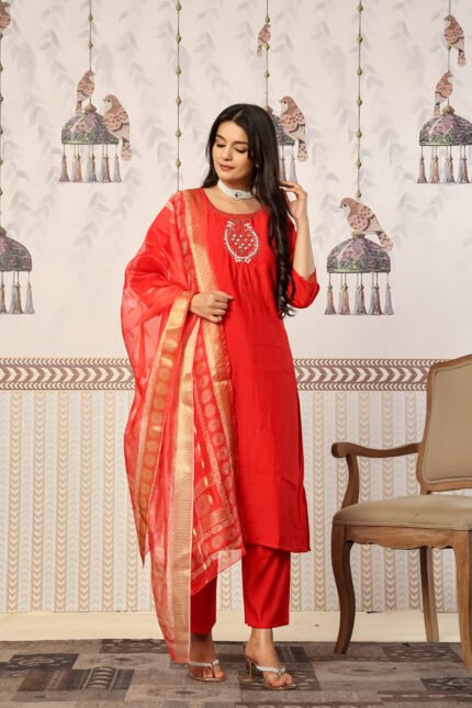 Prayosha Fashion Women's Women's Red Handwork Roman Kurta Pant Digital Dupatta Set