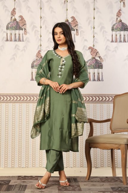 Prayosha Fashion Women's Olive Green Handwork Roman Kurta Pant Dupatta Set
