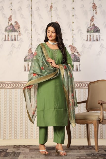 Prayosha Fashion Women's Women's Olive Green Handwork Roman Kurta Pant Digital Dupatta Set