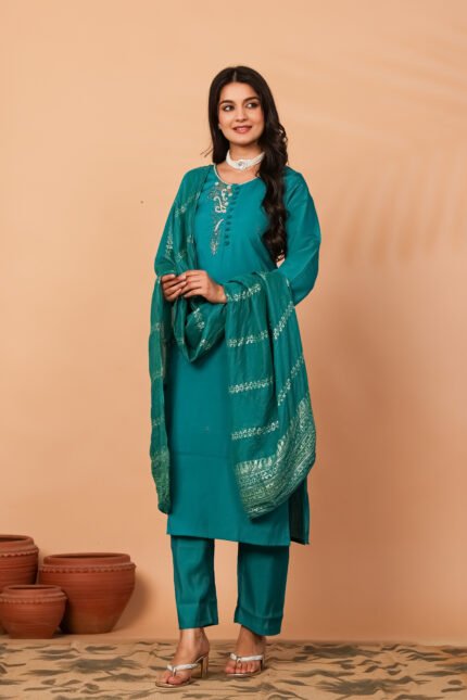 Prayosha Fashion Women's Teal Blue Handwork Roman Kurta Pant Dupatta Set
