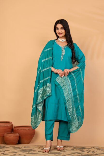 Prayosha Fashion Women's Pacific Blue Handwork Roman Kurta Pant Dupatta Set