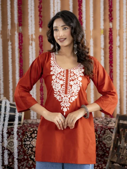 Prayosha Fashion Women's Rust Orange Dabu Cotton White Embroidered Kurti